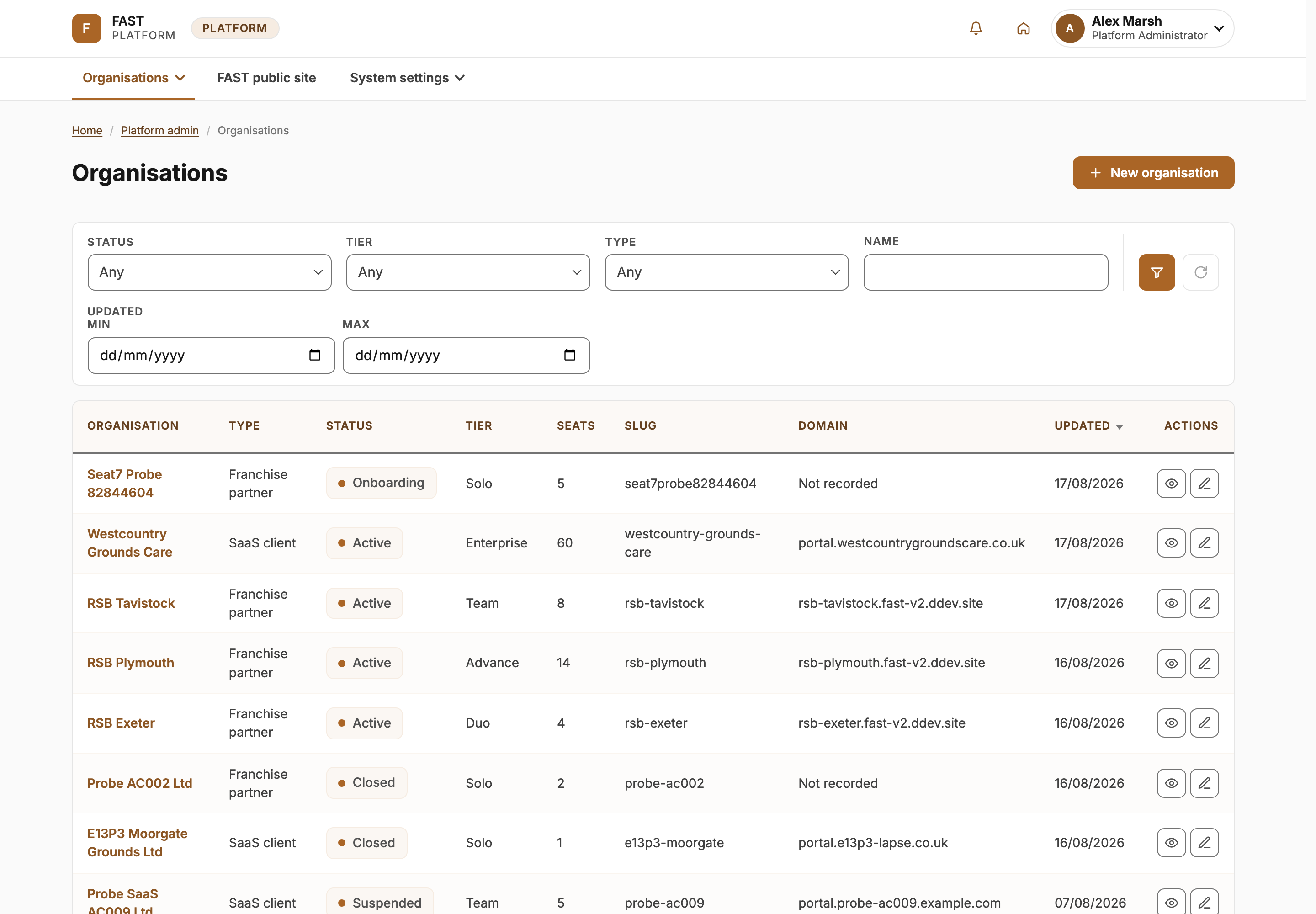 Open the organisation register