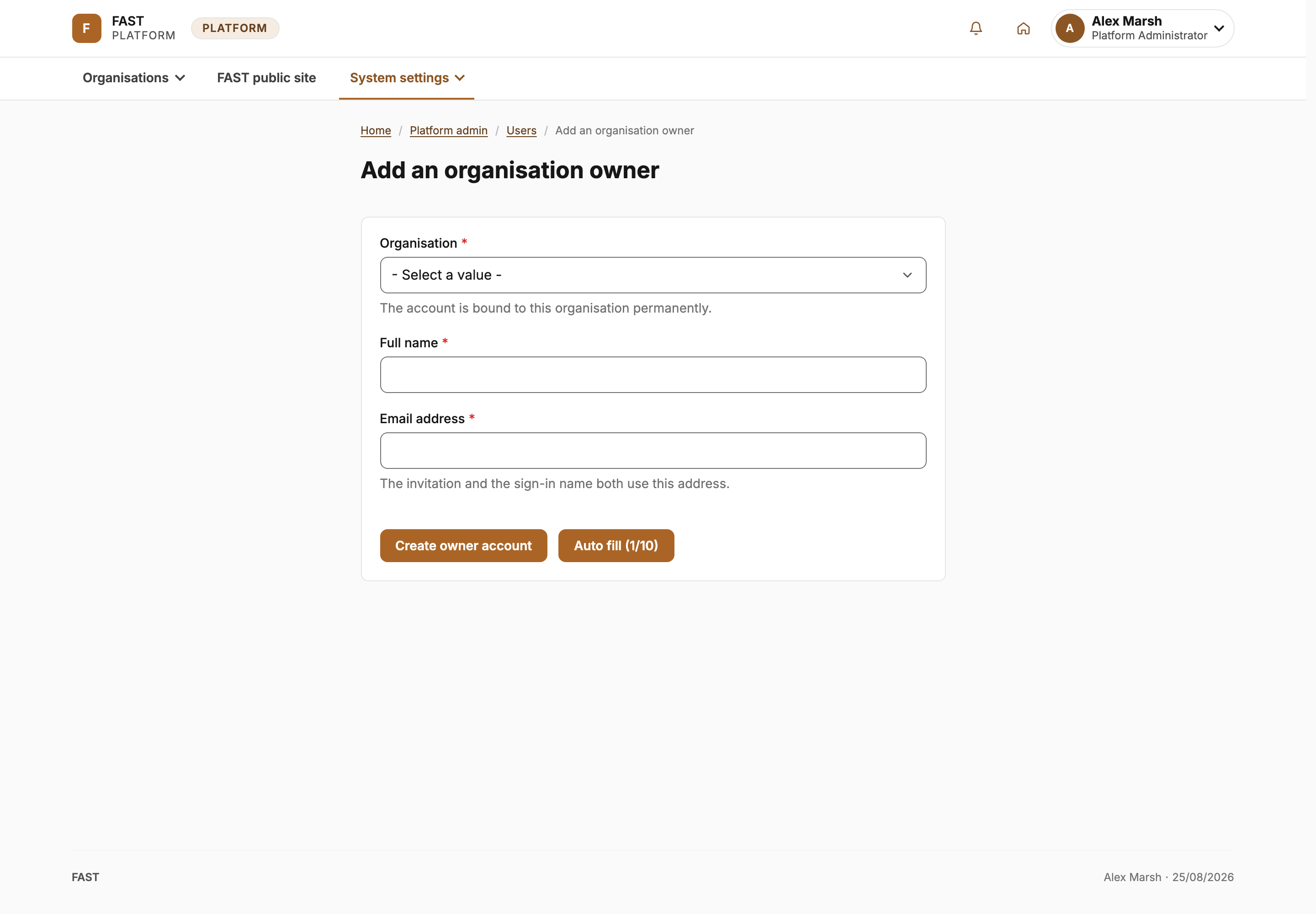 Pick the organisation, enter a name and email