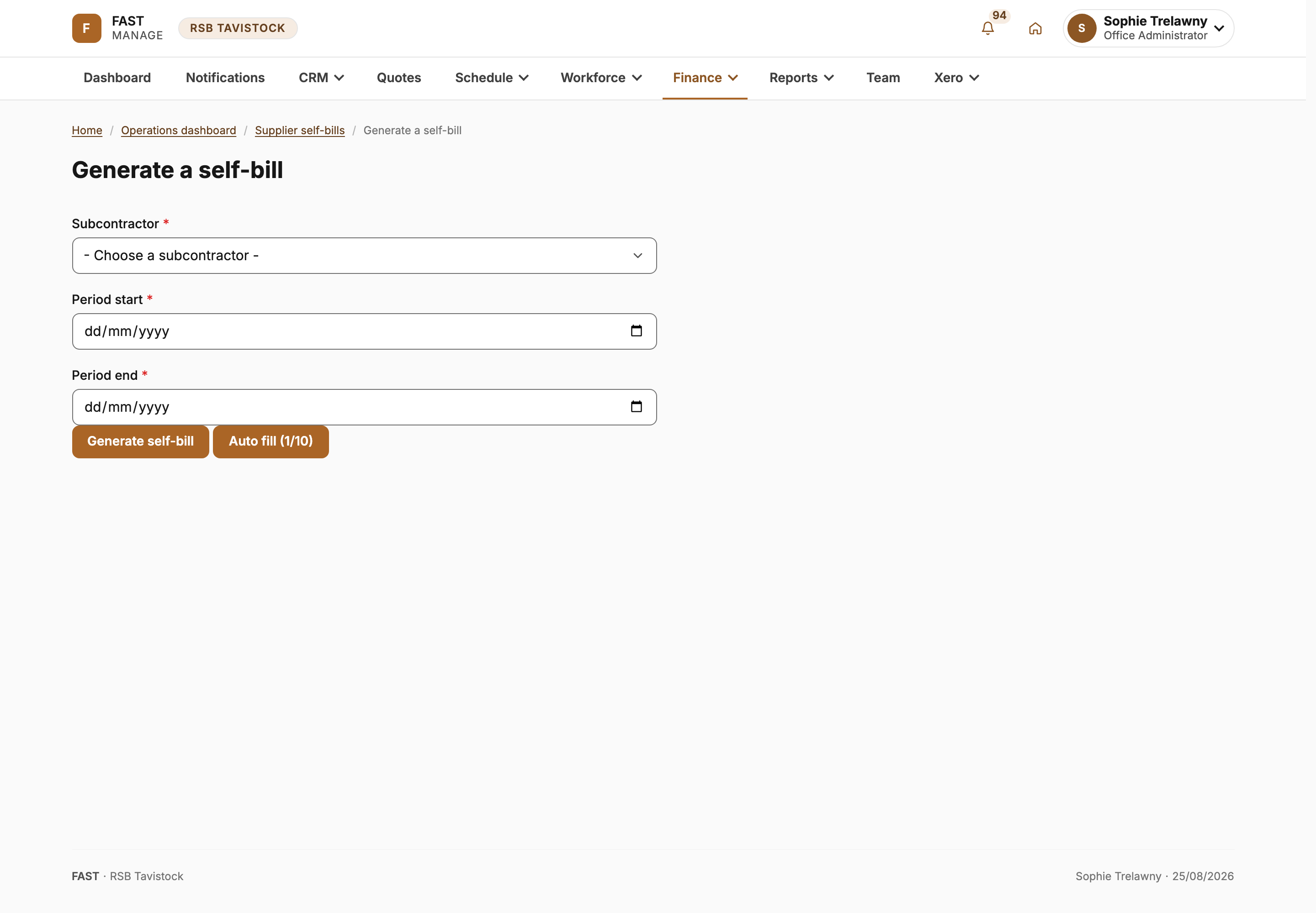 Pick the subcontractor and the period, then Generate
