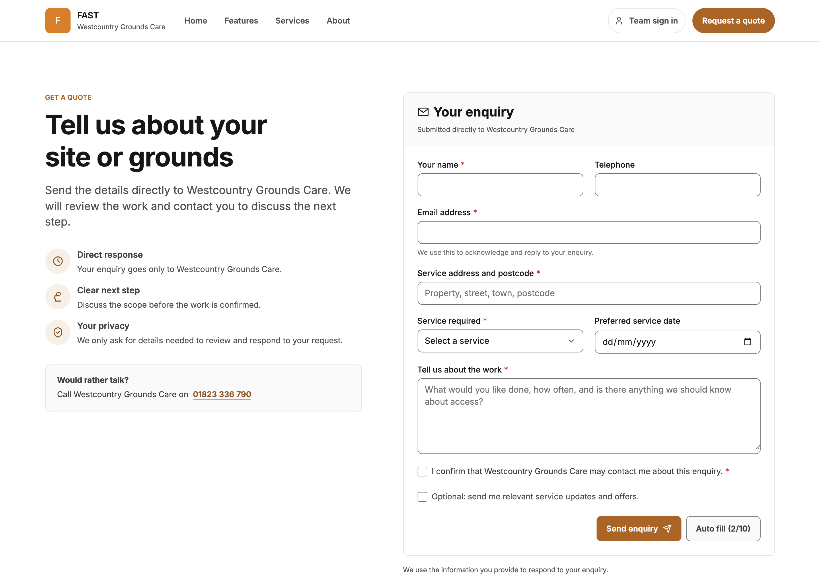 A visitor opens the Westcountry Grounds Care enquiry page