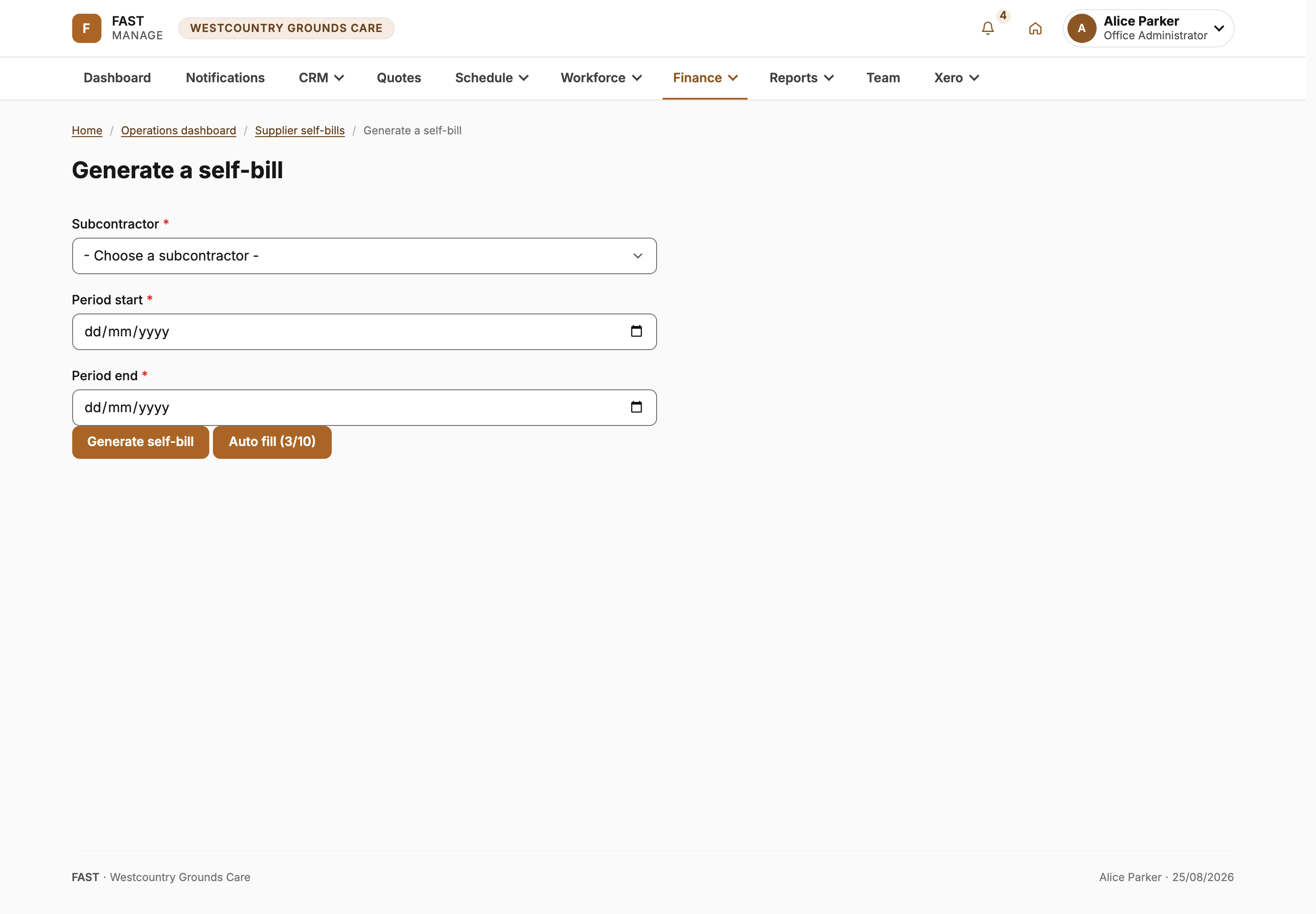 Pick the subcontractor and the period, then Generate