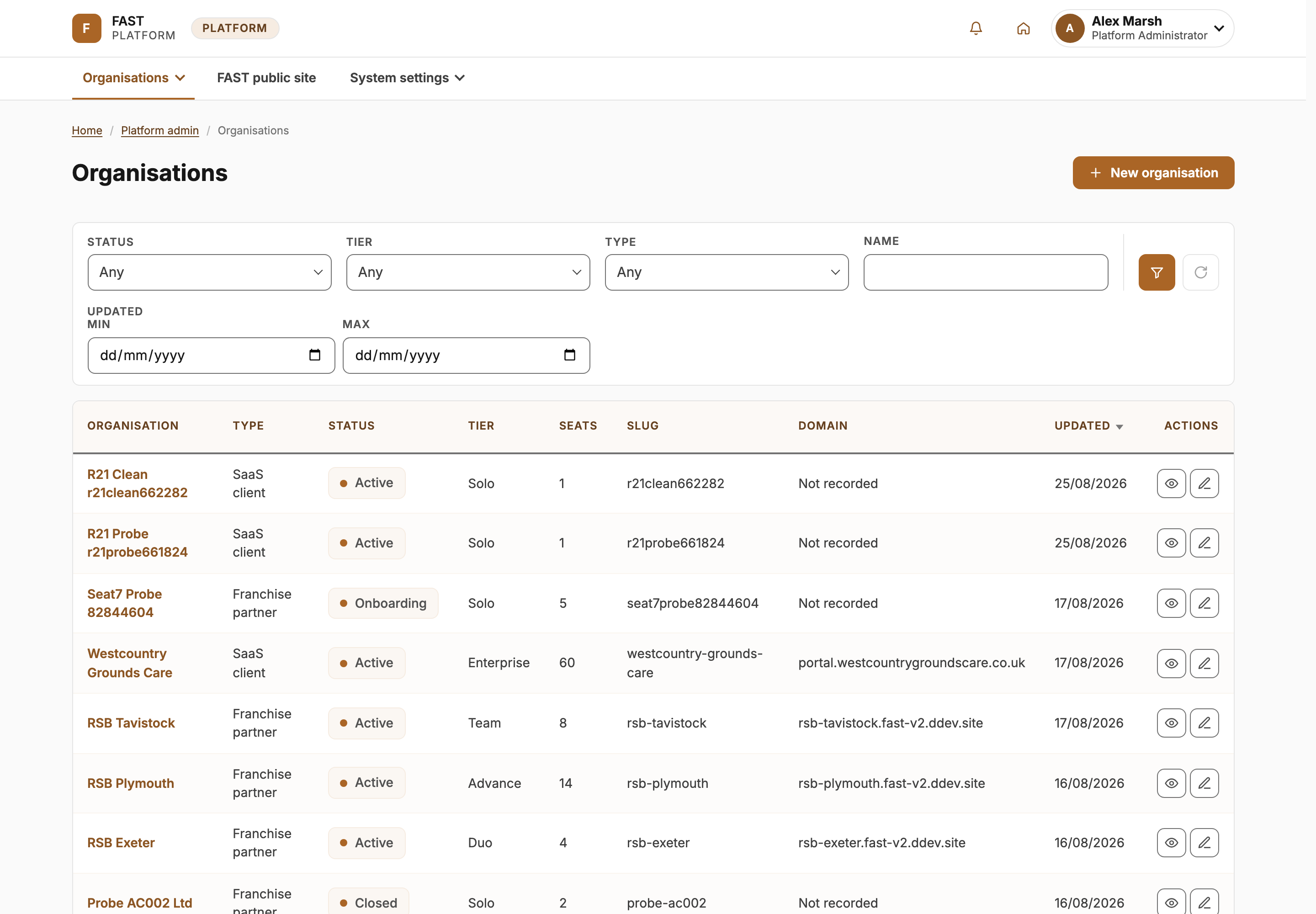 Open the organisation register